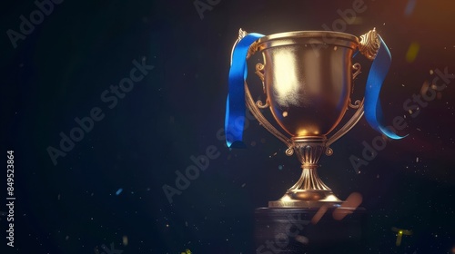 Golden trophy with a blue ribbon on a dark background