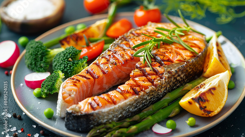 Roasted salmon steak with asparagos broccoli carrot photo