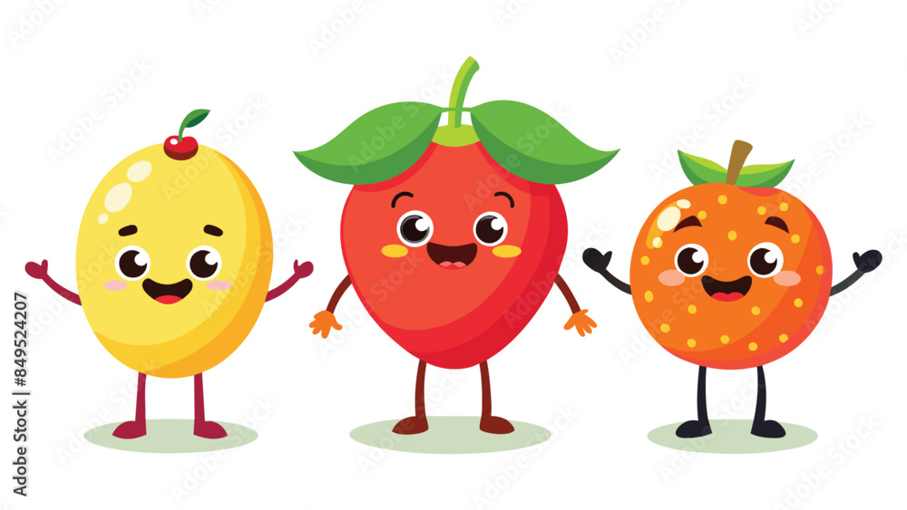 Big Set cute cartoon realistic fruits characters Big Set cute cartoon realistic fruits characters