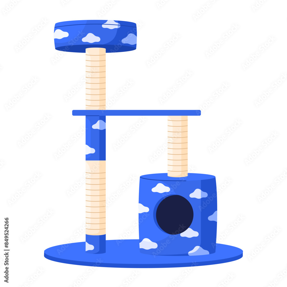 Fototapeta premium Cat furniture for sleep and plays. Cat tree tower with climbing platforms, cat house and scratching post. Pet house with ball, condo tower. Isolated vector illustration in cartoon style