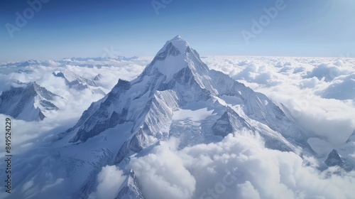 distance view of peak of matterhorn mountain with fluffy whitw clouds on blue sky background