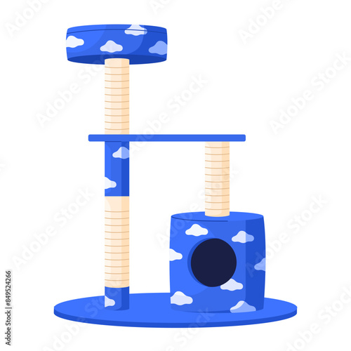 Cat furniture for sleep and plays. Cat tree tower with climbing platforms, cat house and scratching post. Pet house with ball, condo tower. Isolated vector illustration in cartoon style