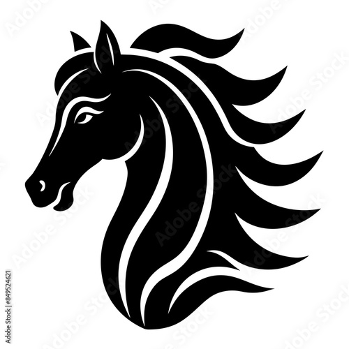 Horse head silhouette linocut vector art illustration on white background