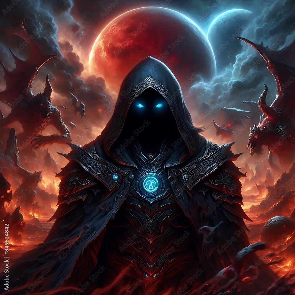 A hooded, dark figure with glowing blue eyes stands in the foreground of a dramatic A hooded, dark figure with glowing blue eyes stands in the foreground of a dramatic