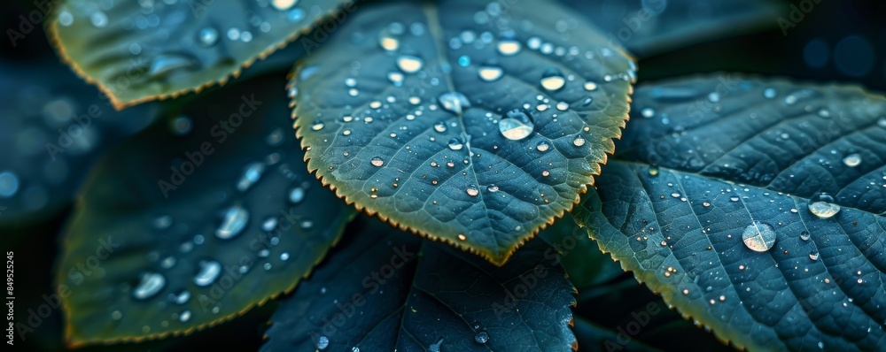 Obraz premium Close-up of leaves with water droplets and dark background