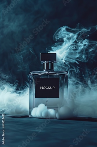 modern perfume mockup on a black background with a golden rock  photo