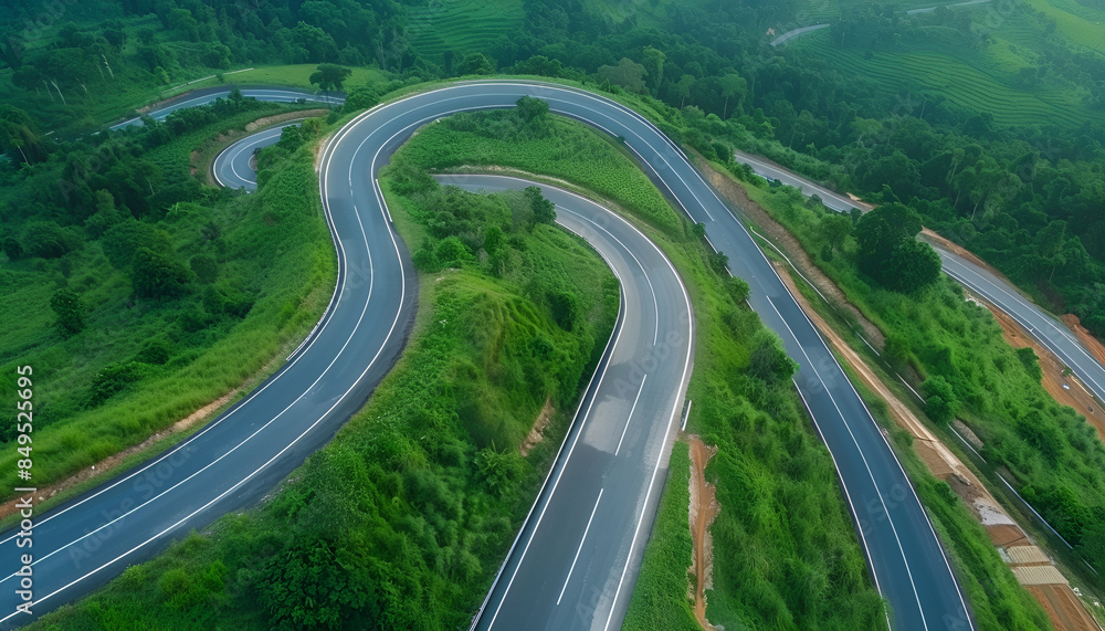 Winding road, top view of beautiful aerial view of asphalt road, highway through forest and fields in rainy season Winding road, top view of beautiful aerial view of asphalt road, highway through forest and fields in rainy season