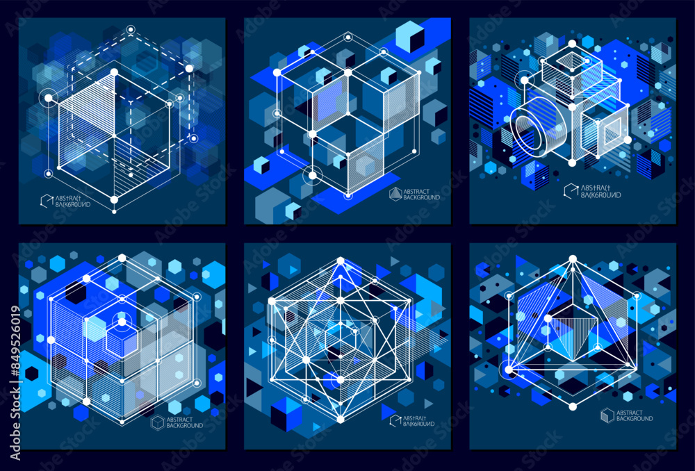 Isometric abstract dark blue backgrounds set with linear dimensional ...