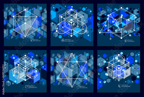 Isometric abstract dark blue backgrounds set with linear dimensional cube shapes, vector 3d mesh elements. Layout of cubes, hexagons, squares, rectangles and different abstract elements.
