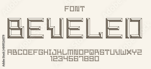 Minimal geometric cyberpunk font with facet effect, vector typeface in geometry volume style, future technology 3D urban beveled typography, alphabet letters and numbers.