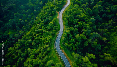 Winding road, top view of beautiful aerial view of asphalt road, highway through forest and fields in rainy season