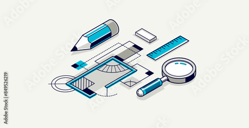 Architectural engineering concept, construction plan in creation progress, blueprint technical plan 3D isometric vector illustration, build cad project.