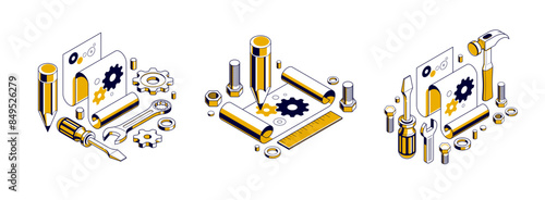 Mechanical engineering project in embodiment implementation concept set, engine draft plan drawing and work progress, paper sheet with gears, tools and pencil 3D isometric vector illustration.