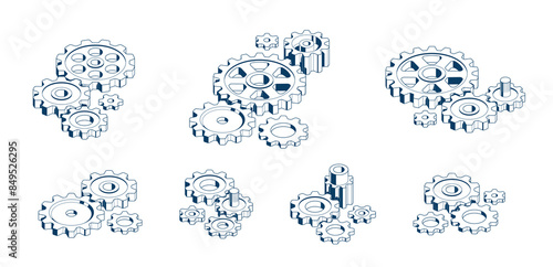 Mechanical engineering concept set, gears and cogs composition isometric 3D vector illustration, cogwheels system technology and technics machinery engine.