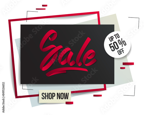 Sale flyer template with lettering, poster, card, banner, advertising design, moderate colors vector modern style cartoon paper cut 3d illustration.