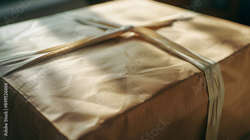 A brown box with a string tied around it photo