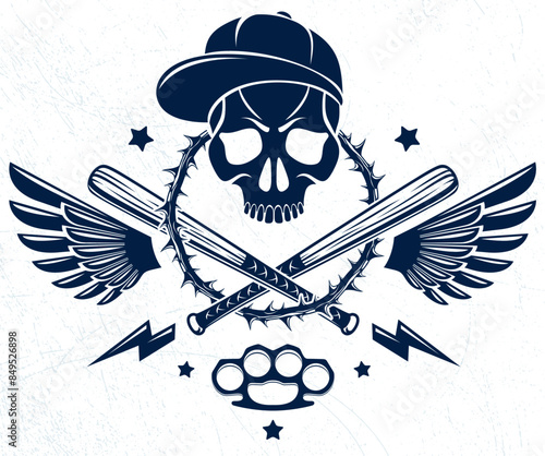 Gangster emblem logo or tattoo with aggressive skull baseball bats and other weapons and design elements, vector, criminal ghetto vintage style, gangster anarchy or mafia theme.