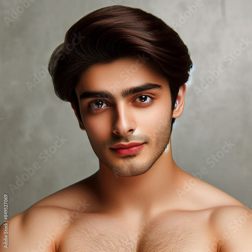 Asian boy Beautiful smart healthy with little smaile with a round face clean and white fresh skin, face care photo