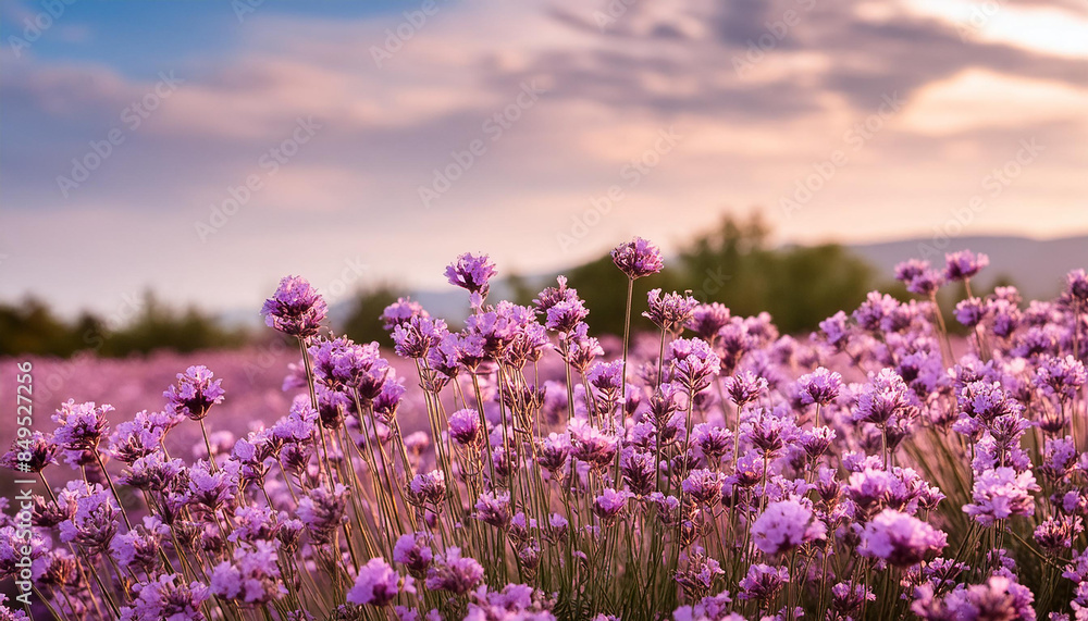 Obraz premium Field of purple spring or summer flowers with soft blurred background. Beautiful nature.