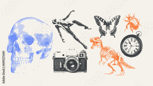 Retro Surreal Bitmap Vector Set. Trendy halftone clip art elements in a retro futurism style, includes human skull, dinosaur skeleton. Vintage psychedelic dotted stickers for poster art or t-shirt.