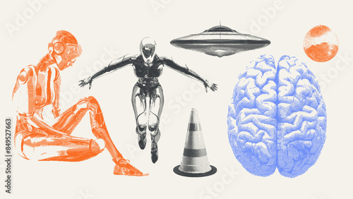 Contemporary Futuristic Bitmap Vector Set. Brain, disco ball, UFO ship. Brutalism Y2K elements with stippling grunge effect in a trendy dotted style. Dither clip art shapes.	
