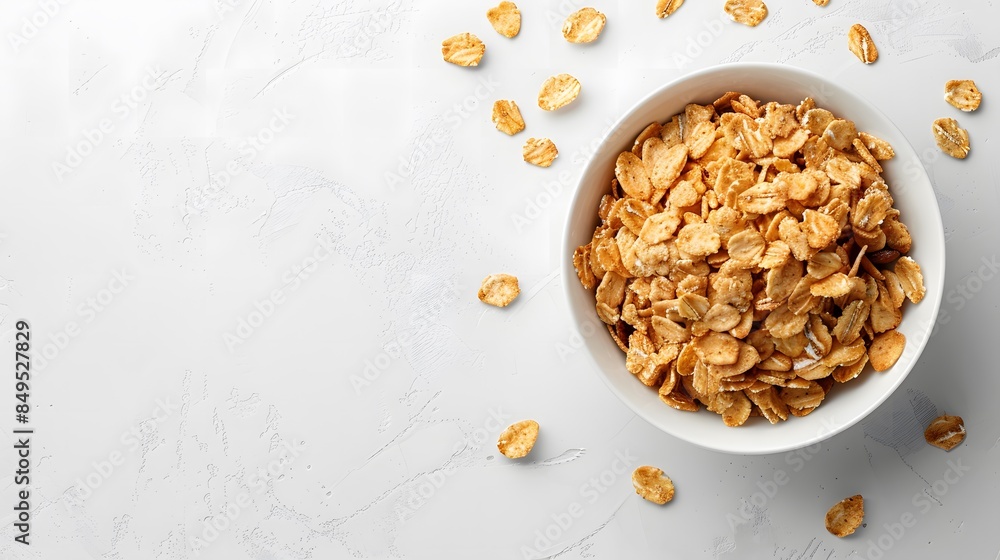Bowl of cornflakes with scattered flakes on a white background. Flat lay composition with copy space for breakfast and food designs Bowl of cornflakes with scattered flakes on a white background. Flat lay composition with copy space for breakfast and food designs
