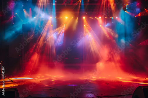 Stage illuminated by colored spotlights and haze