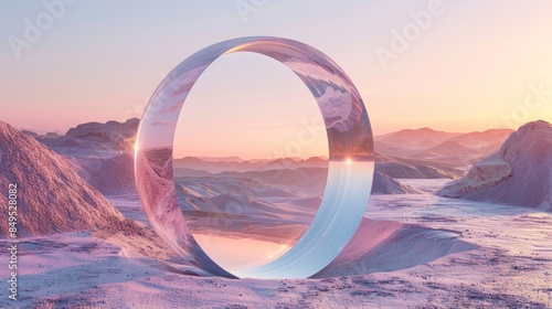 A large, reflective circle is in the middle of a snowy landscape © CYBERPINK
