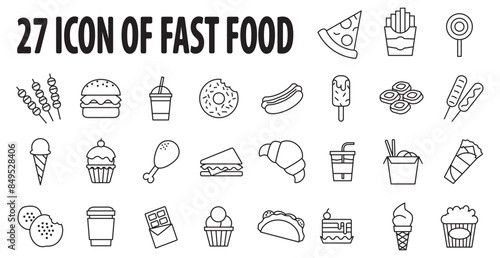 Fast food vector icon line set. Pizza, taco, hamburger, fries potatoes, popcorn, ramen noodle soup, hot dog, popcorn, ice cream,, hotdog, donut. Meal line icons vector illustration in transparent.