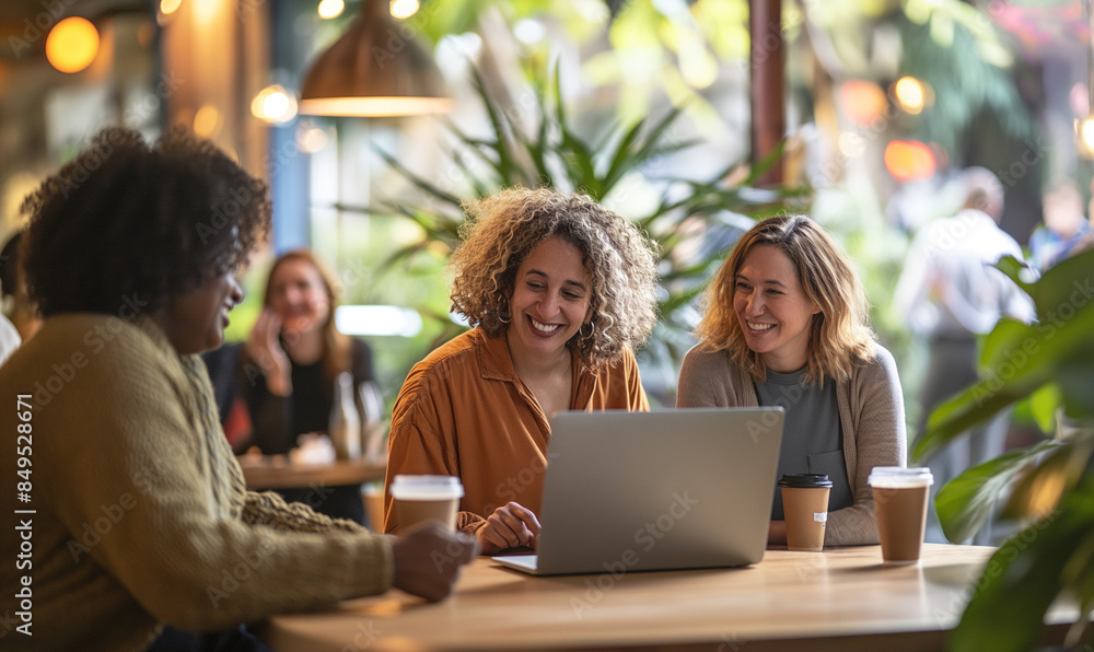 Diverse Group of Women Collaborating and Smiling at a Cafe with a Laptop Diverse Group of Women Collaborating and Smiling at a Cafe with a Laptop