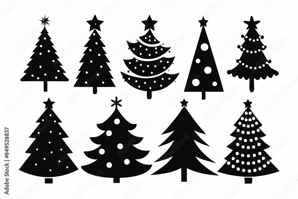 Christmas tree icons bundle, silhouettes in black color. Vintage vector icons isolated on white background. Silhouettes of christmas trees with a stars at the top. Big set for decoration.