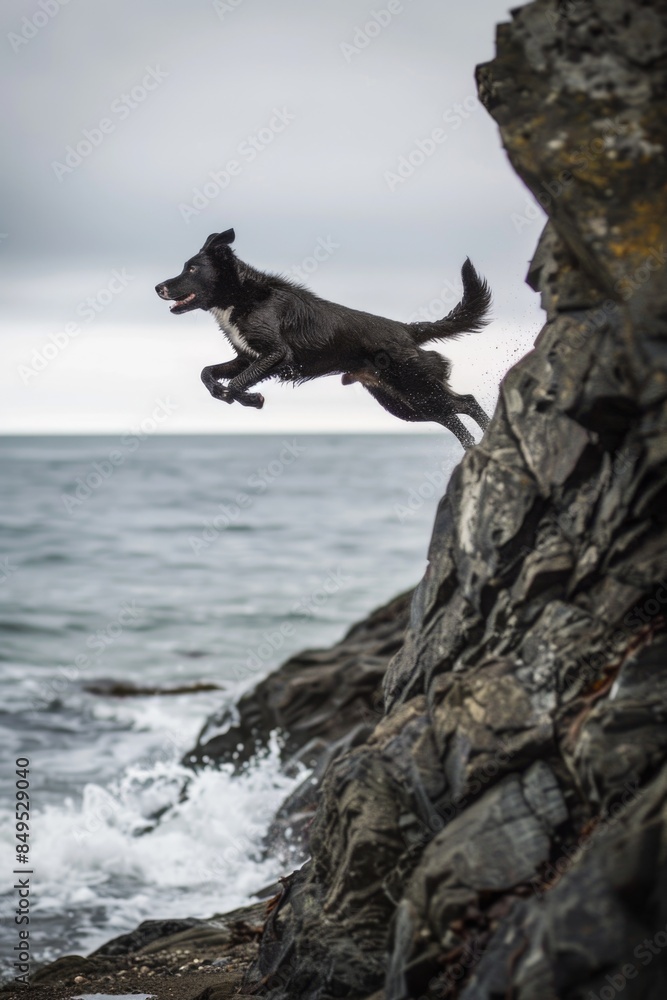 Fototapeta premium Dog jumping from cliff