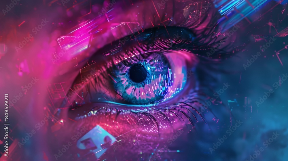 A close up of a blue eye with a purple background A close up of a blue eye with a purple background