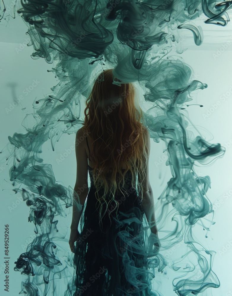 A woman stands in front of a green smoke filled room A woman stands in front of a green smoke filled room