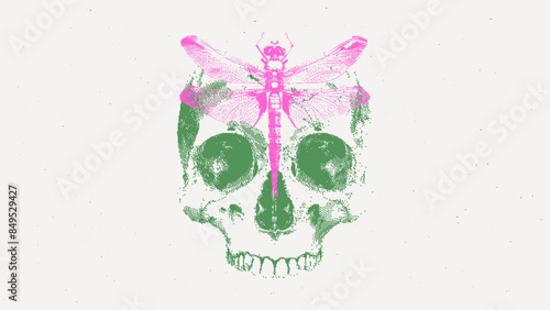 Contemporary Vector Y2K Dotted. Human skull and dragonfly. Dither clip art shapes with halftone effect in a trendy bitmap style. Stipple grunge punk elements. Illustration for t-shirts, posters