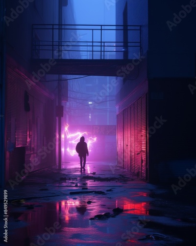 A person walks down a dark alleyway with neon lights and graffiti on the walls