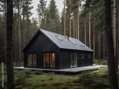 Barnhouse in forest, modern Scandinavian-style wood, metal roof. photo