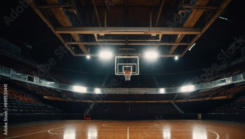 Basketball court, ball in motion, stadium lights photo
