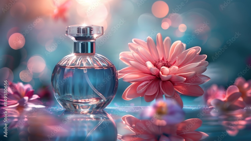 Perfume bottle emitting a soft floral fragrance, isolated against a striking background, enhanced by studio lighting Perfume bottle emitting a soft floral fragrance, isolated against a striking background, enhanced by studio lighting