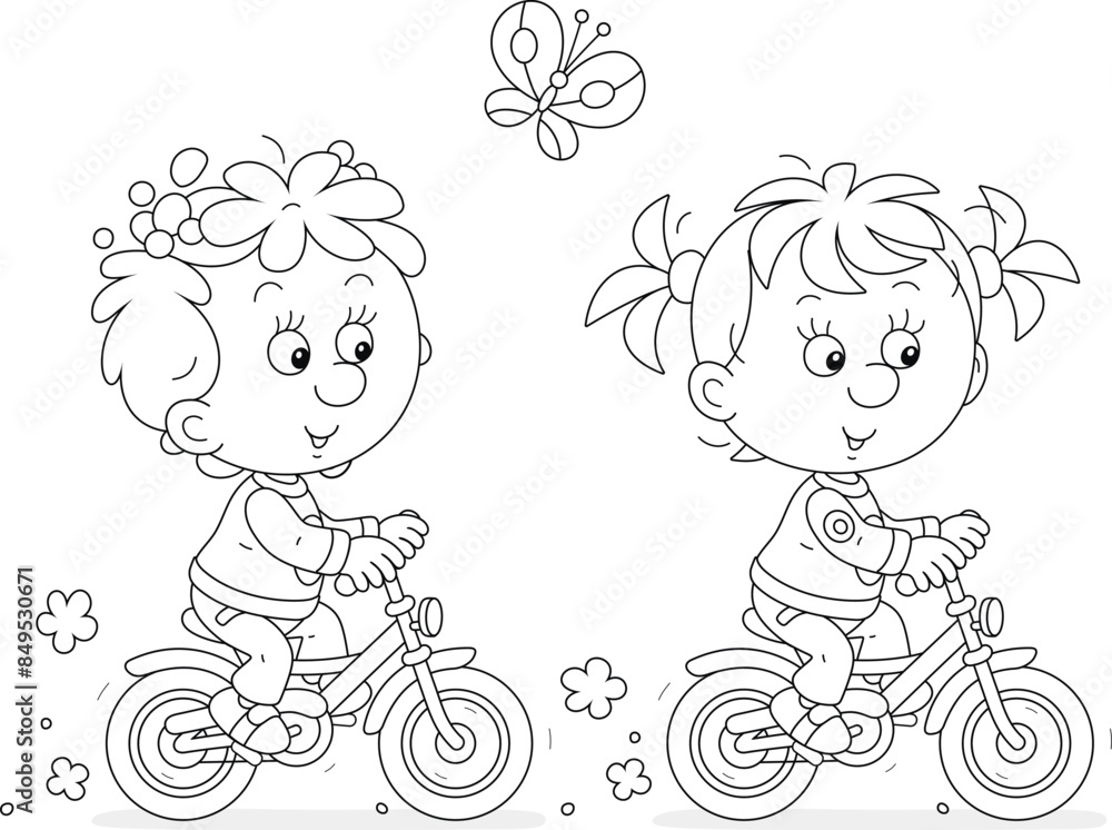 Funny little girls friendly smiling, talking and riding small toy bicycles on a summer day, black and white vector illustration for a coloring book Funny little girls friendly smiling, talking and riding small toy bicycles on a summer day, black and white vector illustration for a coloring book