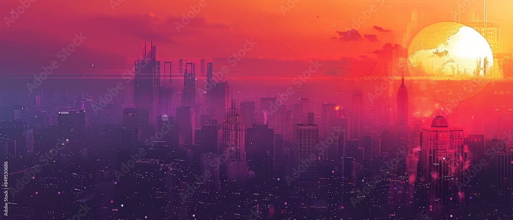 A hazy sunset casts an orange glow over a city skyline. A hazy sunset casts an orange glow over a city skyline.