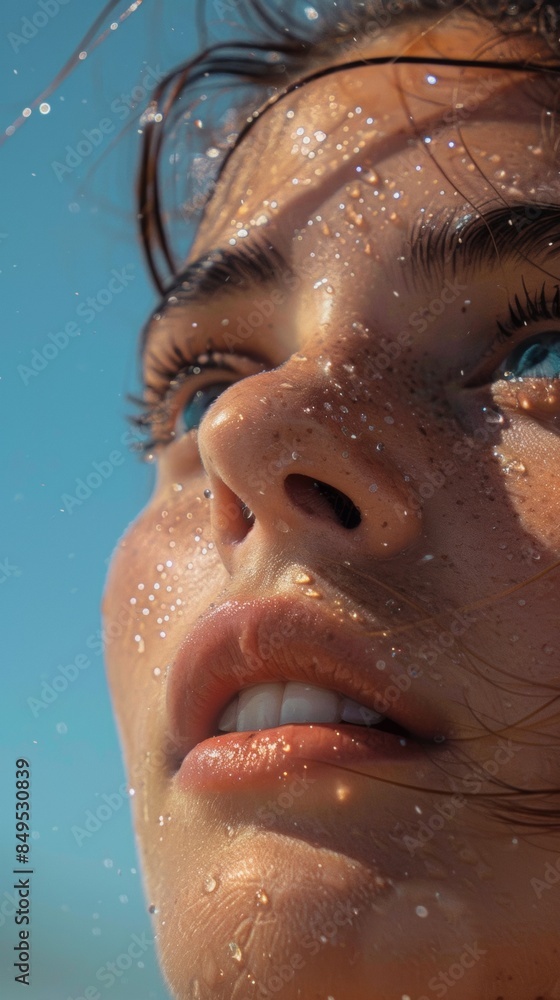 A woman with wet hair and a blue eye A woman with wet hair and a blue eye