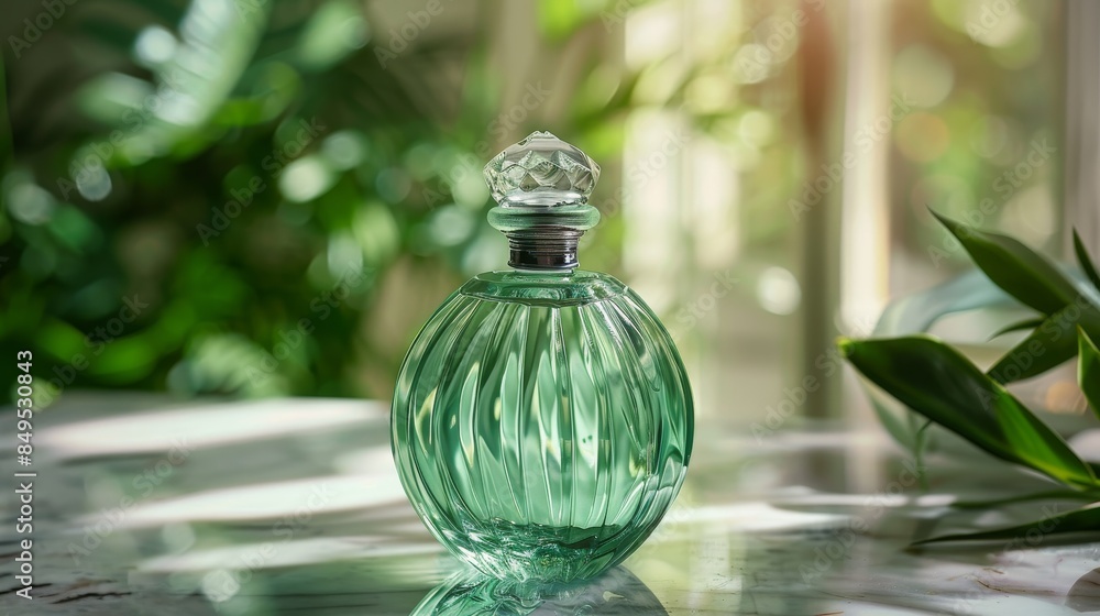 Perfume bottle with a green tint, placed on a marble surface, natural light and greenery in the background, exuding sophistication and luxury Perfume bottle with a green tint, placed on a marble surface, natural light and greenery in the background, exuding sophistication and luxury