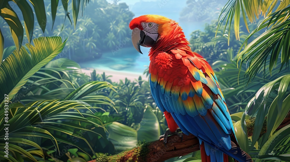 Scarlet macaw perched in a lush tropical forest, vivid colors of the bird and the surrounding foliage, beach background, highly detailed and photo-realistic Scarlet macaw perched in a lush tropical forest, vivid colors of the bird and the surrounding foliage, beach background, highly detailed and photo-realistic