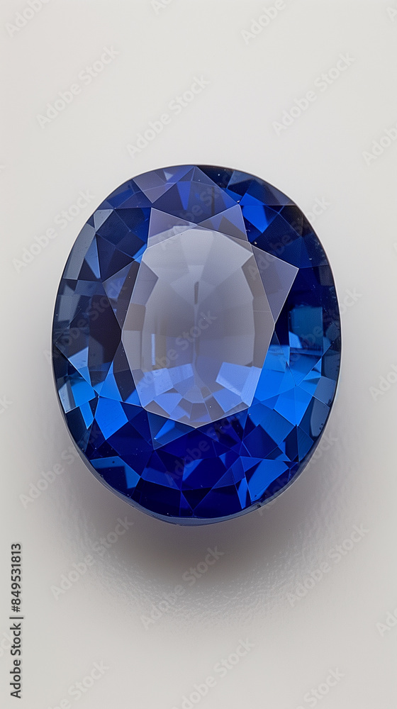 Oval-shaped blue gemstone with intricate facets on white background. Oval-shaped blue gemstone with intricate facets on white background.