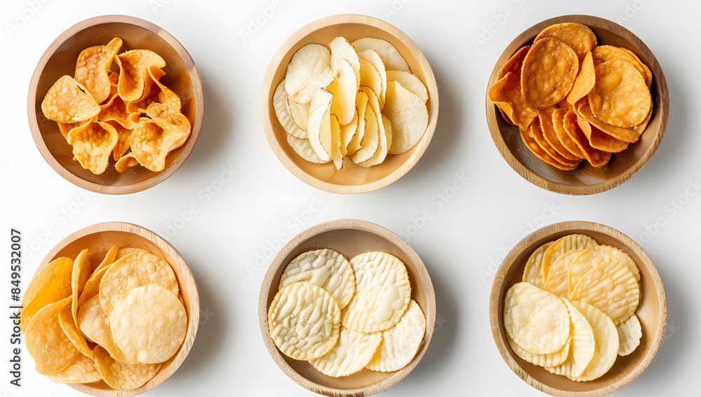 Collection of various flavored potato chips in bowls, isolated on a white background, top view Collection of various flavored potato chips in bowls, isolated on a white background, top view