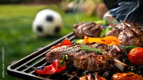 Summer outdoor barbecue with grilled steaks and football match photo