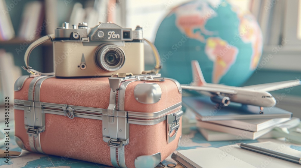 Fototapeta premium A camera and two suitcases are on a table with a globe in the background