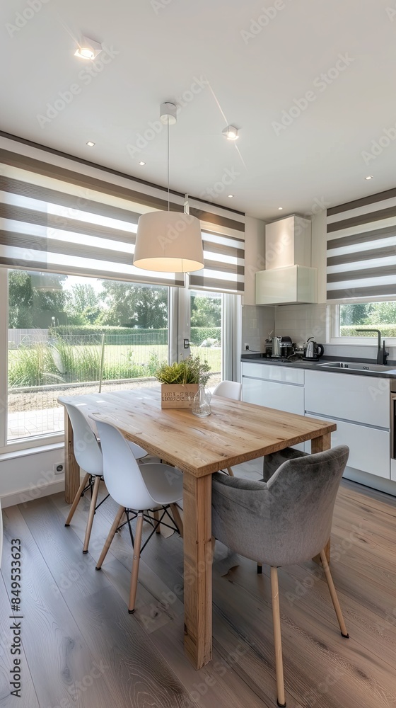 Beautiful living room and dining area in an apartment with white walls, wooden floor and modern furniture, large window overlooking the garden. Beautiful living room and dining area in an apartment with white walls, wooden floor and modern furniture, large window overlooking the garden.