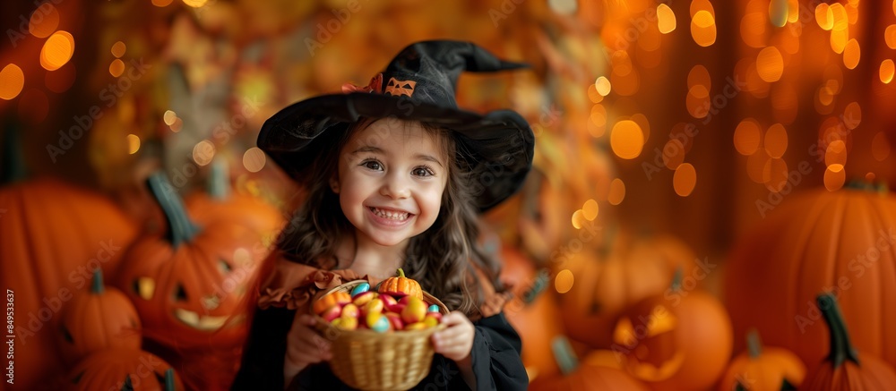 Fototapeta premium Young girl smiling dressed as a witch holding a small basket full of candy, indoor setting, pumpkins and bokeh lights, copy space.